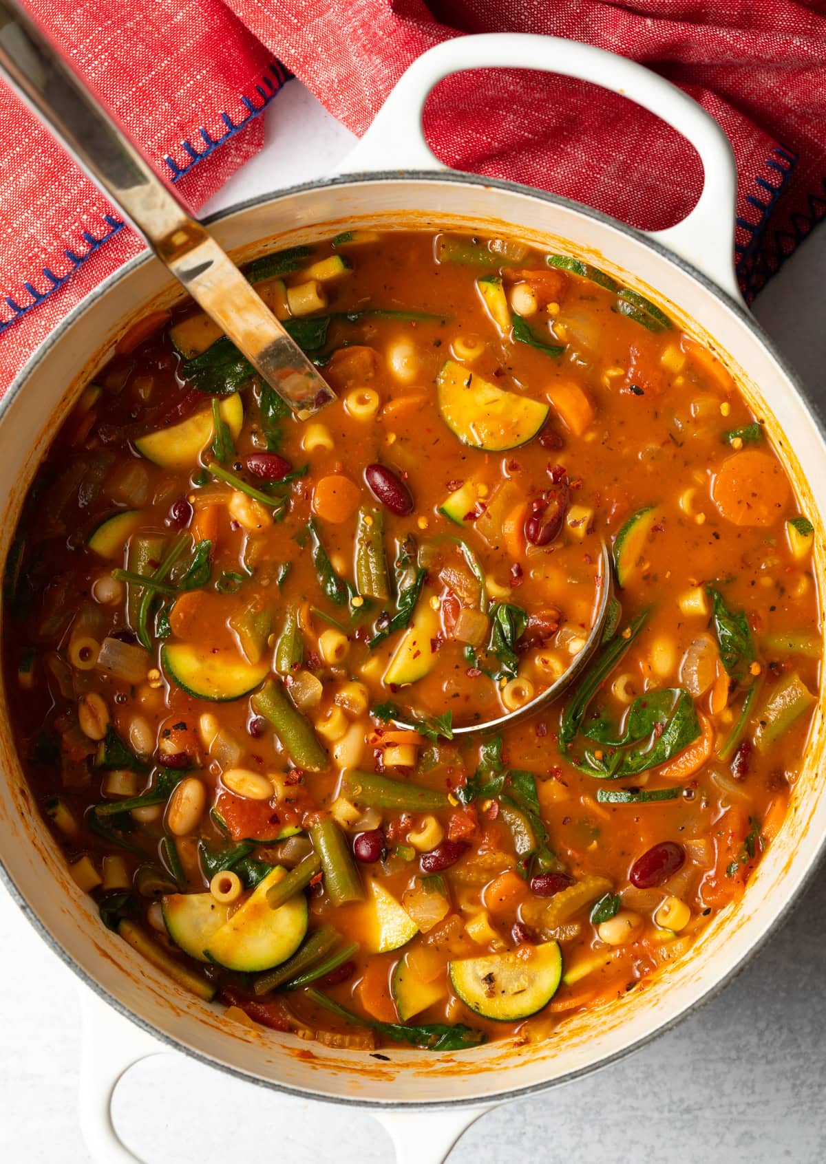 overhead view of large pot with homemade olive garden minestrone soup