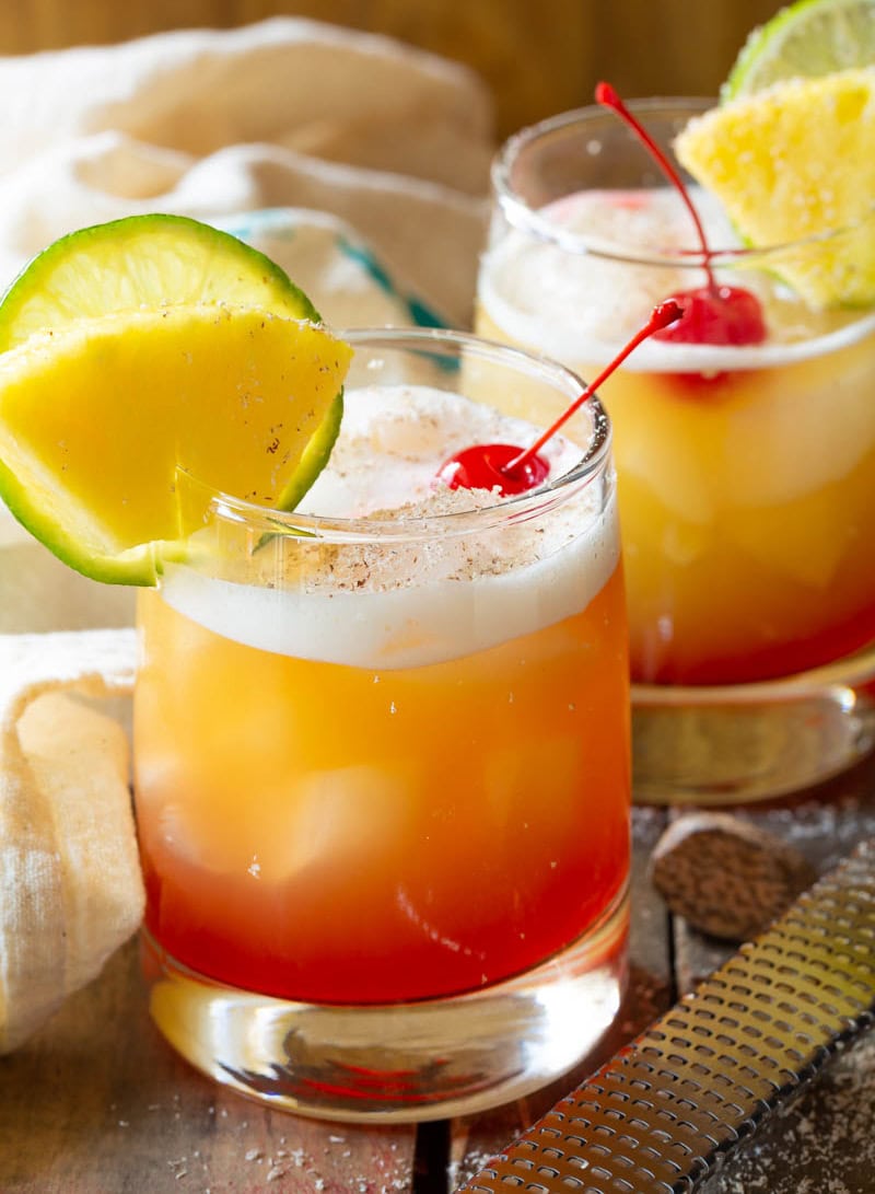 Drunken Monkey Rum Cocktail close up with garnishes.