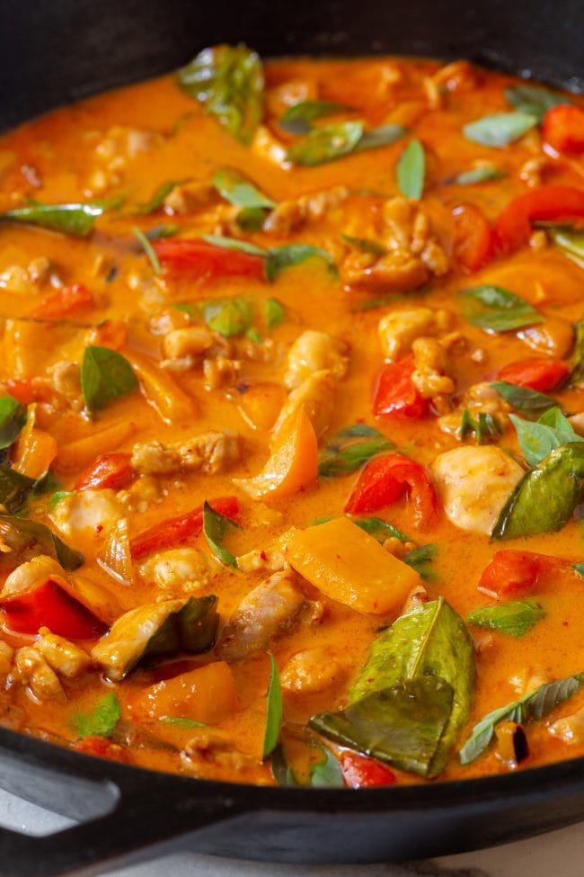 Thai Panang Curry with Chicken in cast iron pan