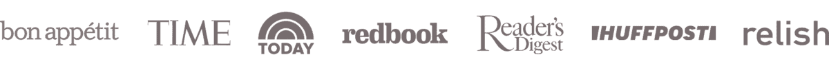 As Seen On... Press logos: Bon Appetit, Time, Today, Redbook, Reader's Digest, Huffpost, Relish.