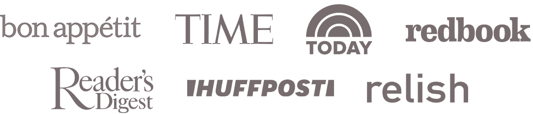Press logos: Bon Appetit, Time, Today, Redbook, Reader's Digest, Huffpost, Relish.