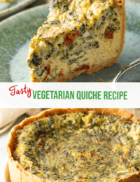 Pinterest graphic: Top image is a slice of tall quiche on a plate. Bottom image is a full deep dish quiche. The two images are split horizontally by a white banner that reads to recipe name in green: Vegetarian Quiche recipe.